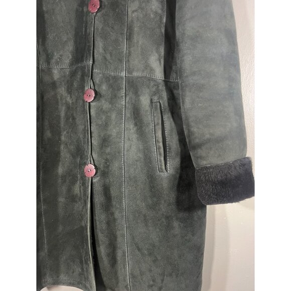 Blue Duck Womens Shearling Leather Suede Button Long Coat Black Size XL - Picture 3 of 6